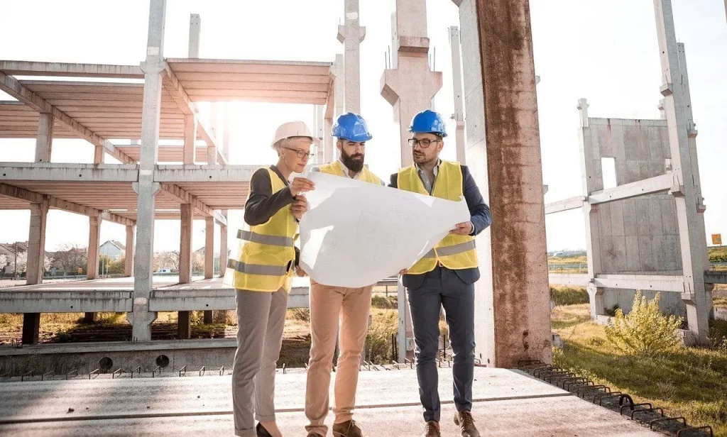 Construction professionals reviewing building plans on-site with Odan Construction Management for streamlined project execution