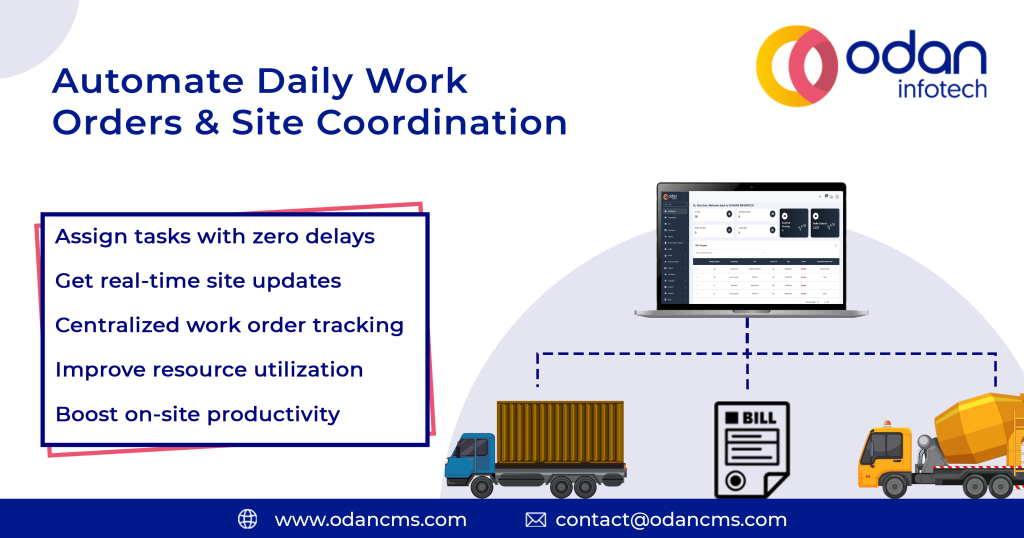 Team using construction management software to automate daily work orders and improve site coordination